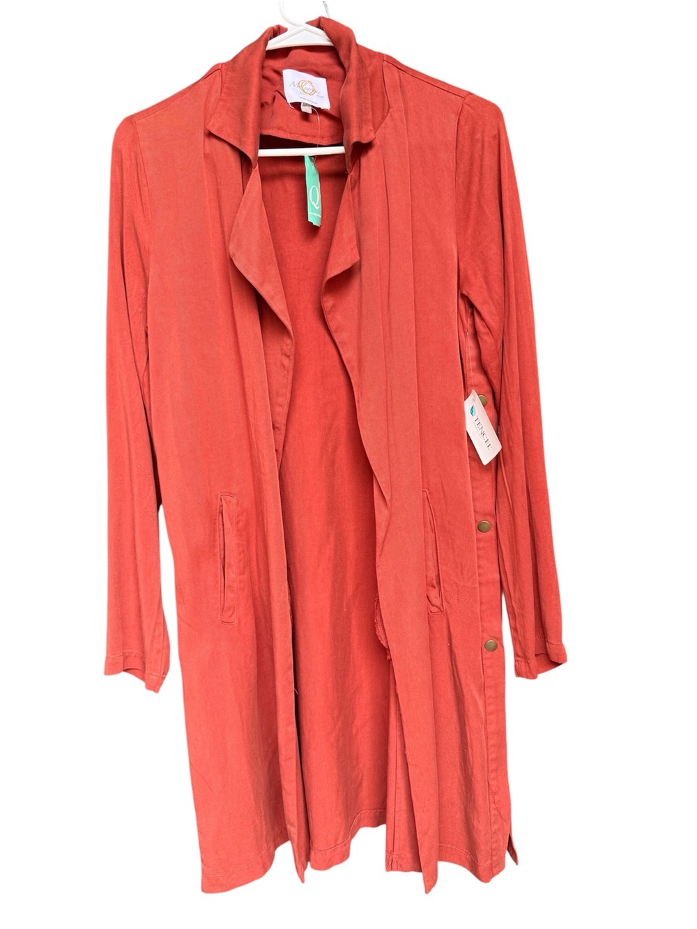 Boutique‎ Rust Collar Side Button Pockets Open-Front Tencel Trench Coat